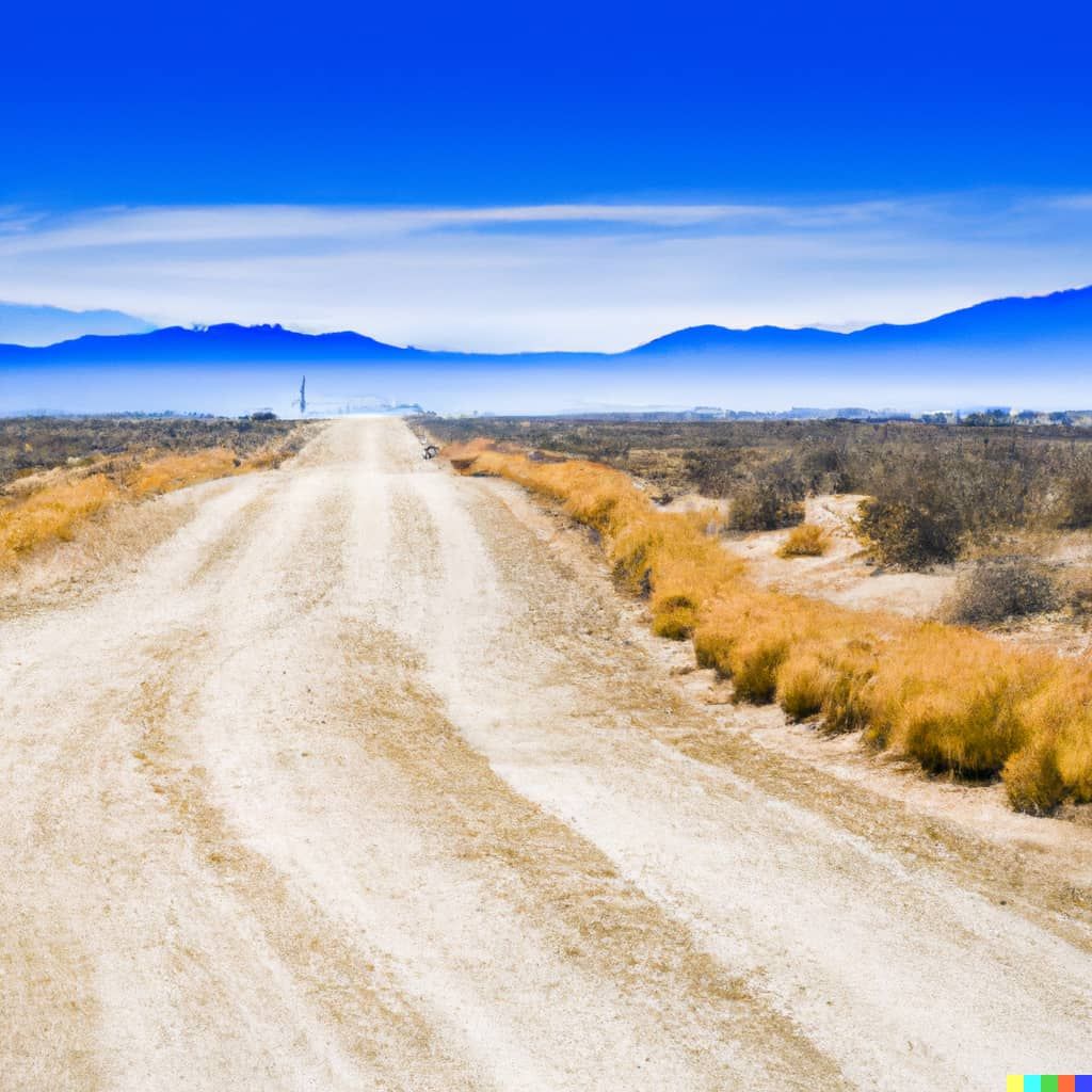 An AI-generated image of a dusty road in the desert