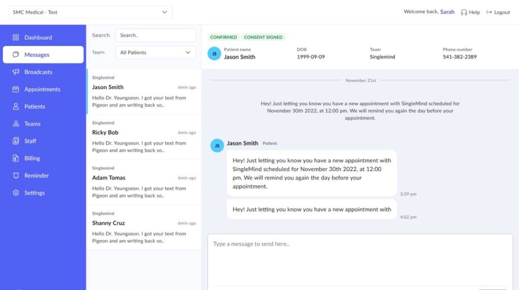 A screenshot of the Pigeon Messages screen in wide desktop layout