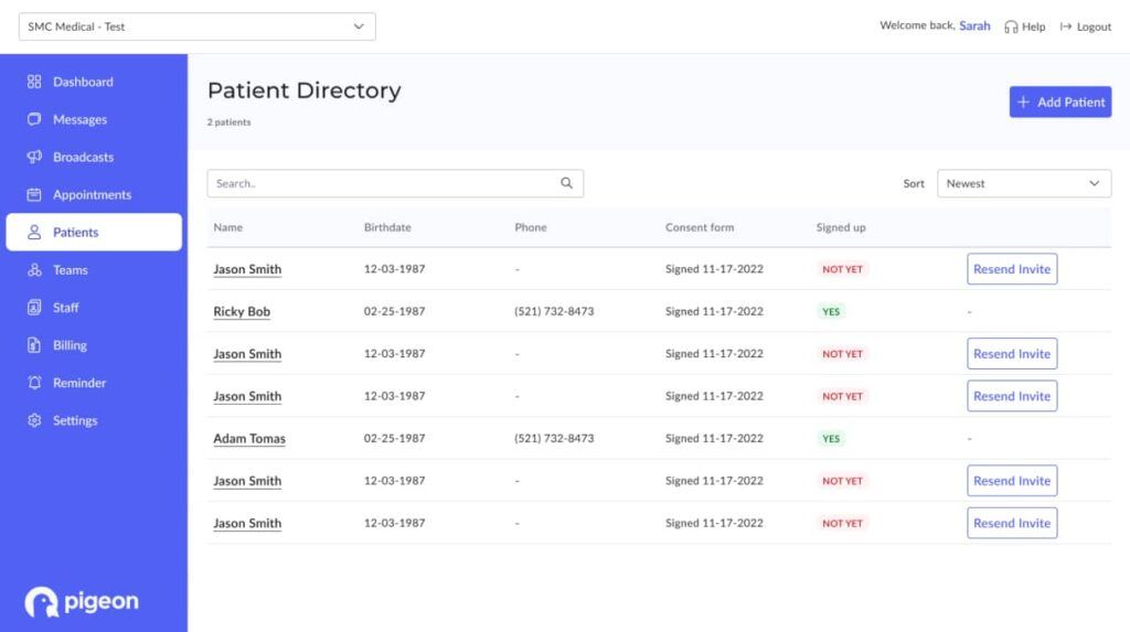 A screenshot of the Pigeon Patients screen in wide desktop layout