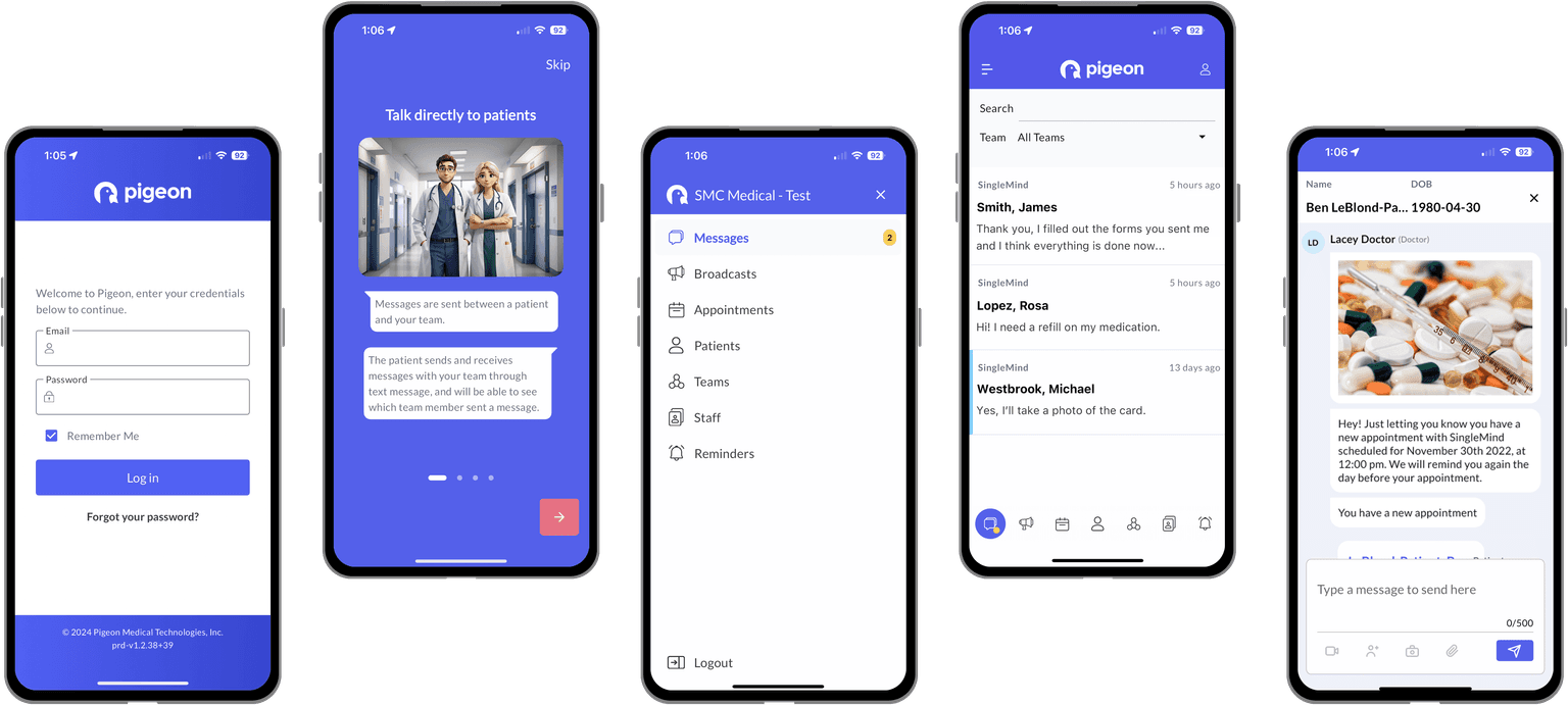 5 separate renderings of the Pigeon mobile phone interface