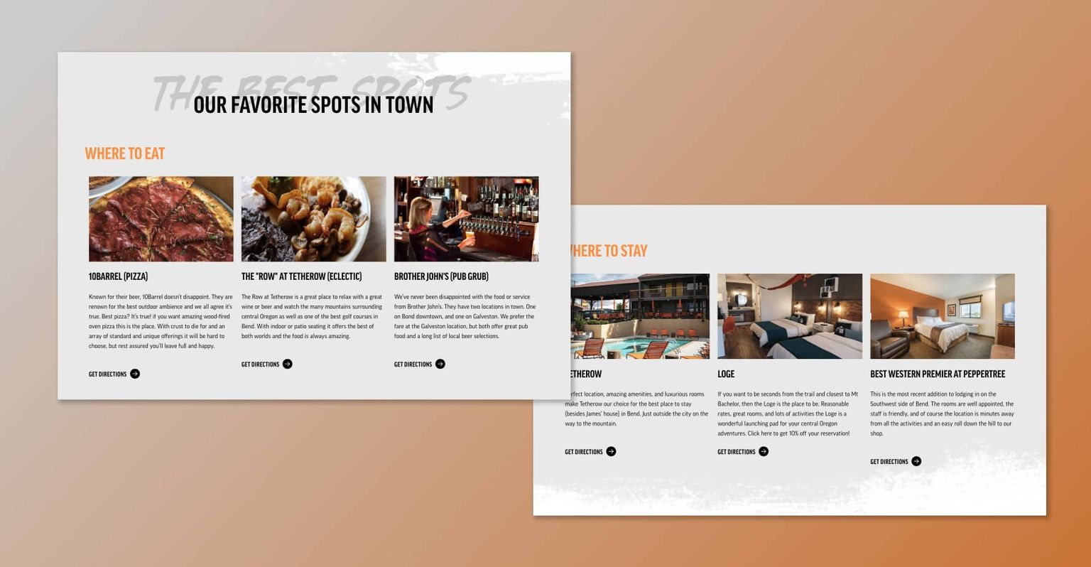 Web page featuring Sagebrush Cycles recommended restaurants and places to stay while you're visiting Bend, Oregon