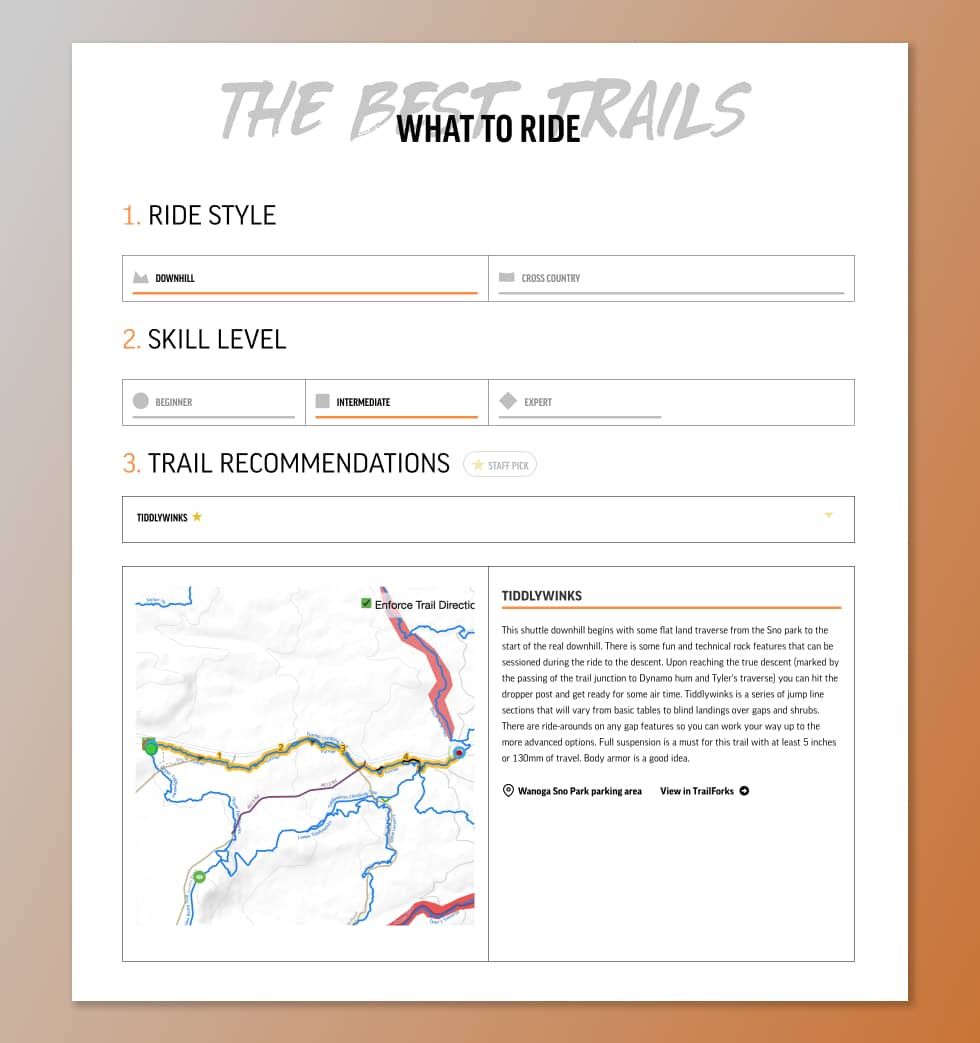 Web page featuring the Trail Finder, a feature of the Sagebrush website that recommends different trails for your individual needs