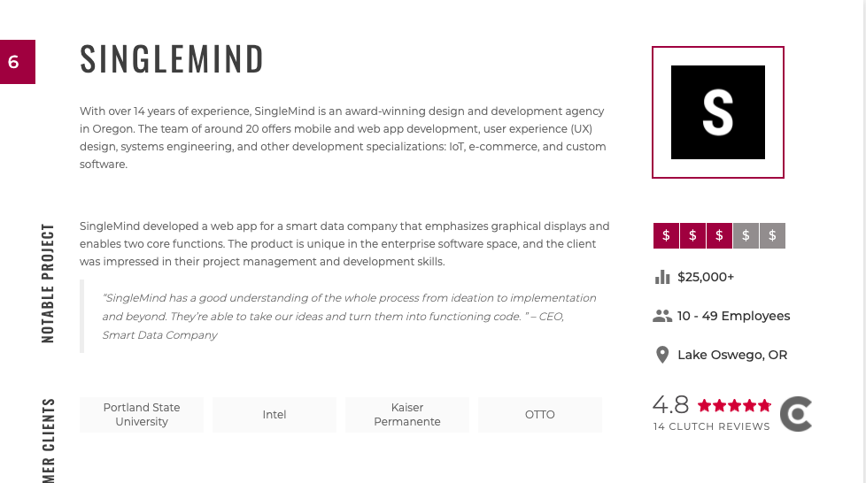 Screenshot of Singlemind's profile on The Manifest