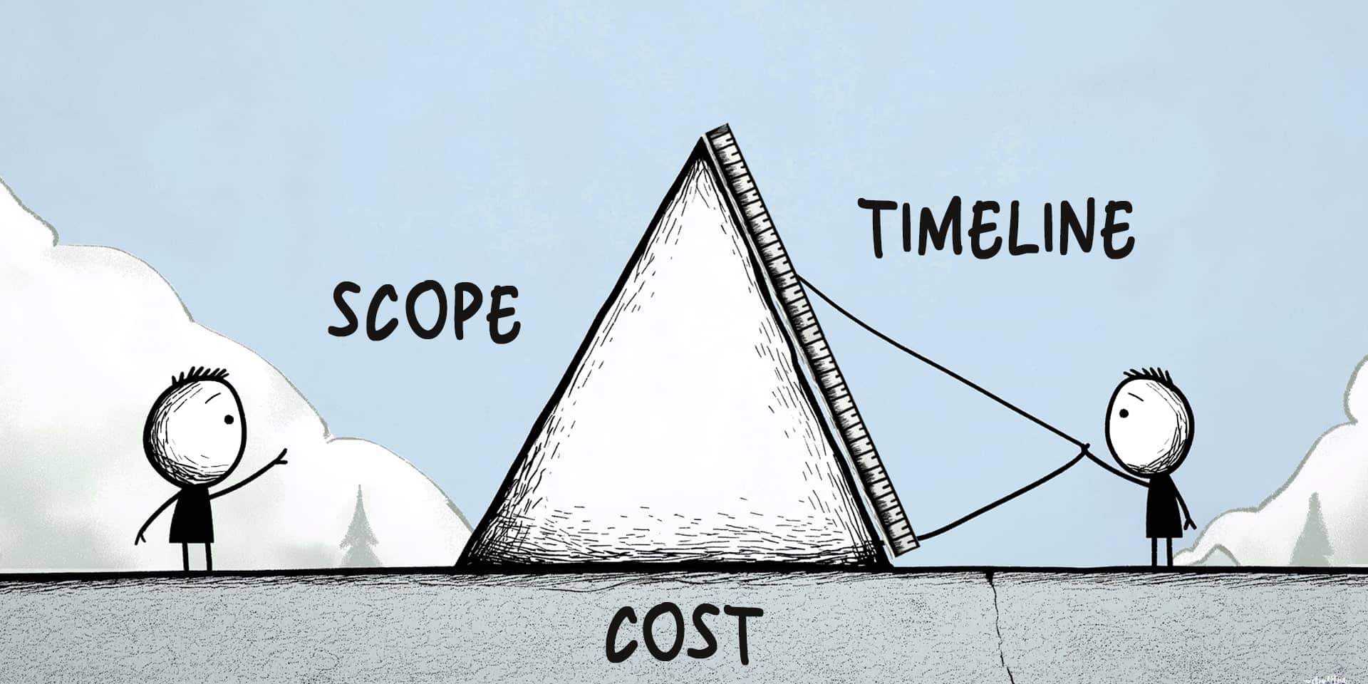 Two cartoon figures balancing a triangle labeled Scope, Timeline, and Cost