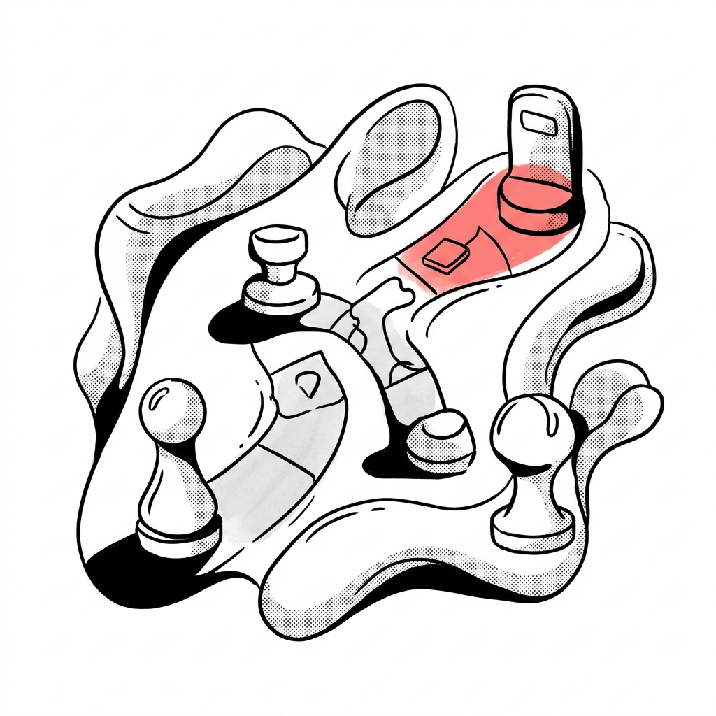 Abstract game board showing mismatched pieces and wrong moves, symbolizing incorrect strategies in AI adoption.