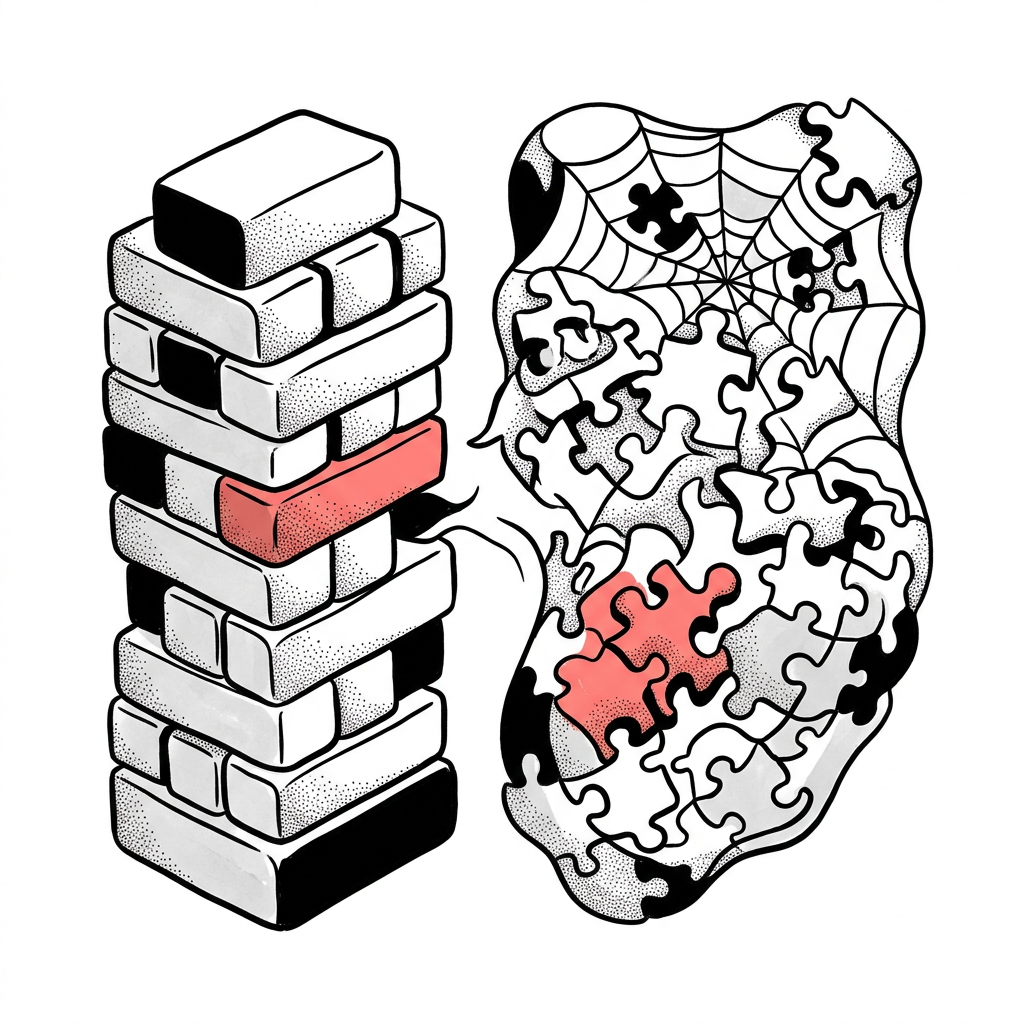 Illustration contrasting structured, repeatable tasks with complex, strategic problem-solving requiring human judgment.