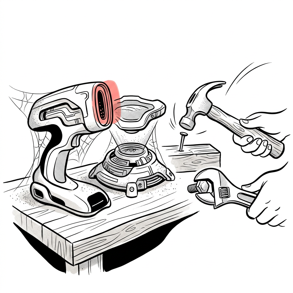 Illustration of advanced AI tools sitting unused on a workbench next to older, actively used tools, symbolizing a training gap.