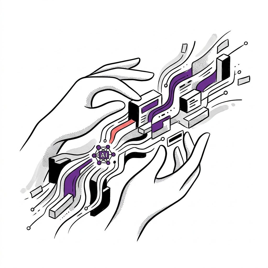 Sketch of hands directing an expanding flow of digital work, aided by AI.