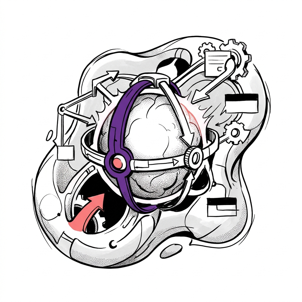 Sketch of an AI model contained and directed by a complex harness structure.