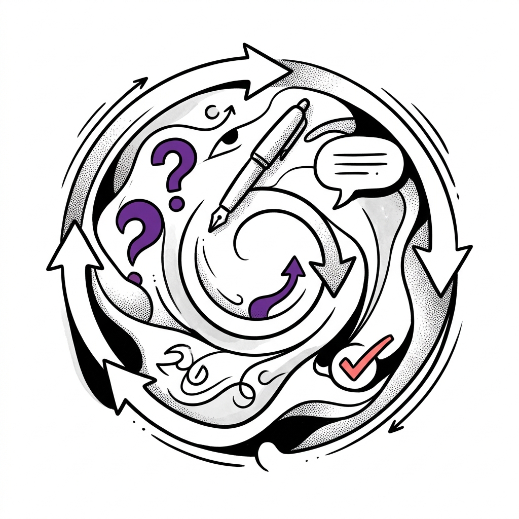 Sketch of a tight, accelerating feedback loop with symbols for idea, prototype, and decision.