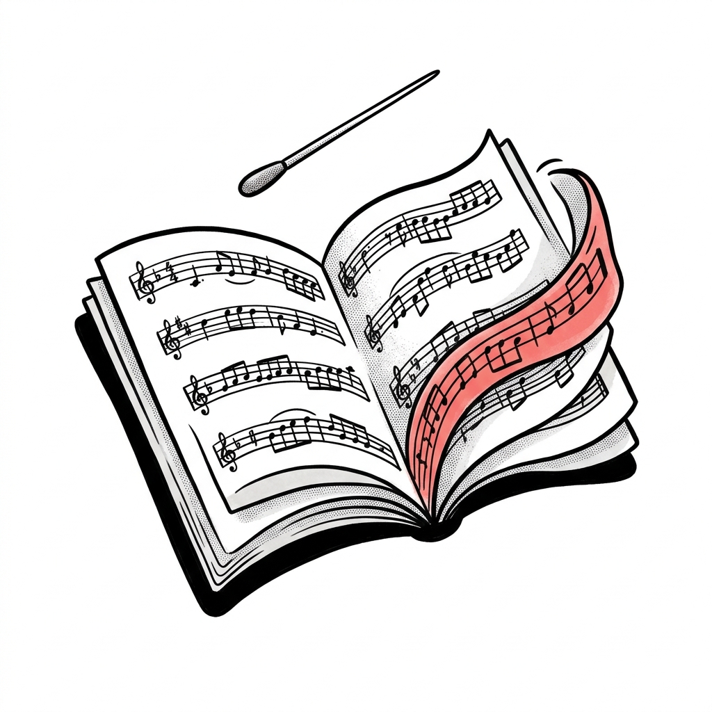 Hand-drawn illustration of an expanding musical score overseen by a conductor's baton, symbolizing a holistic view.