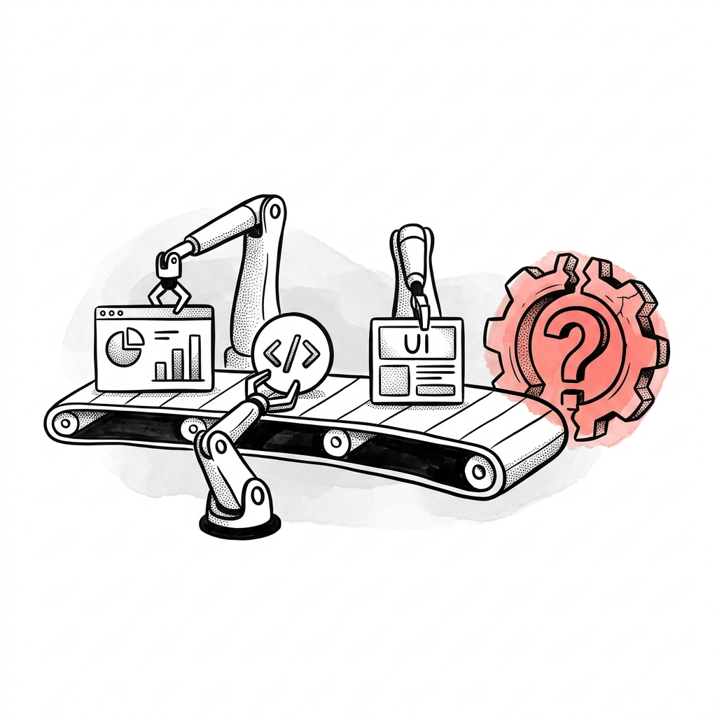 Sketch of an automated assembly line producing digital outputs, ending in a question mark, symbolizing the shift from execution to judgment.