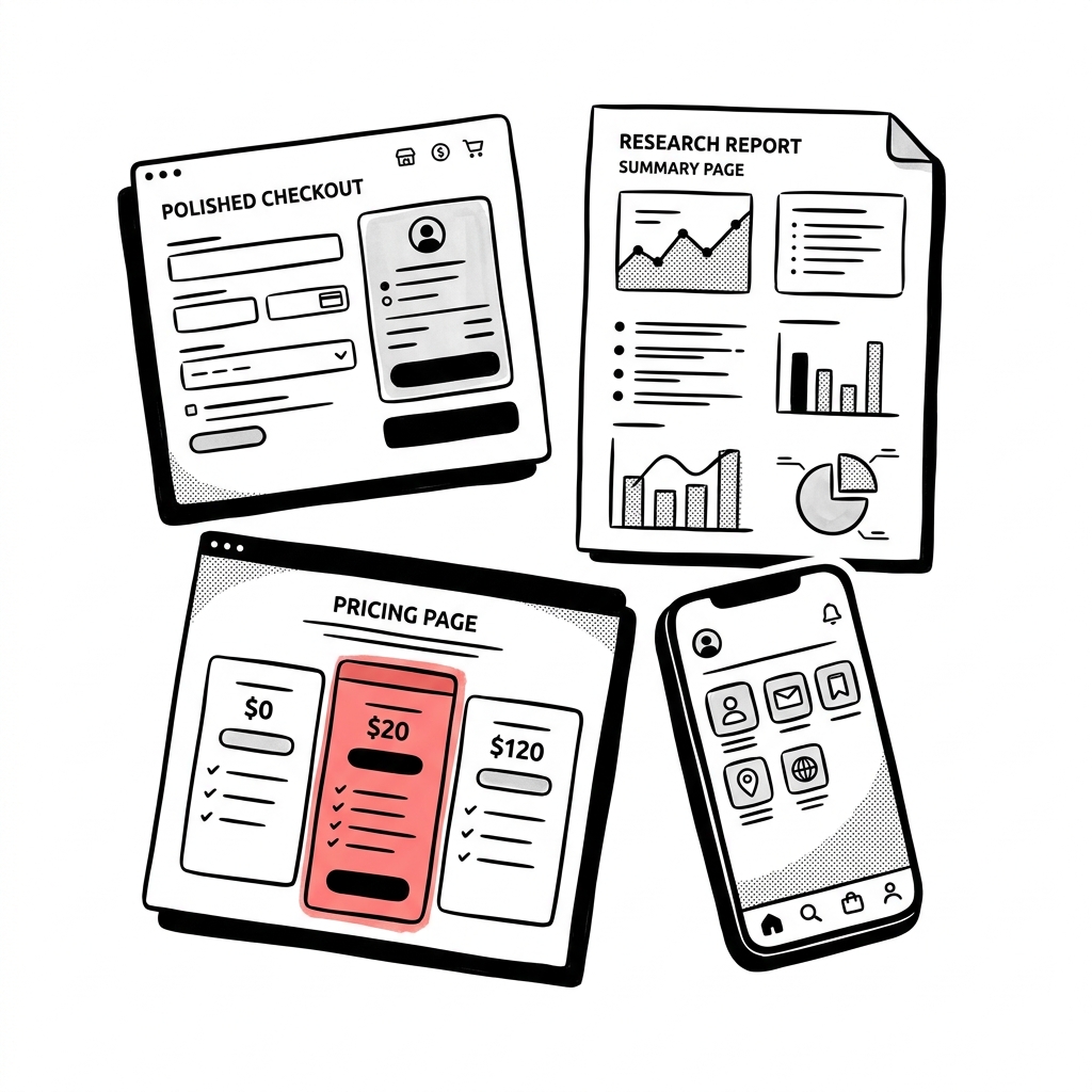 Hand-drawn illustration of excellent but disconnected digital product elements: a checkout screen, a research report, and design variations, showing a lack of coherence.