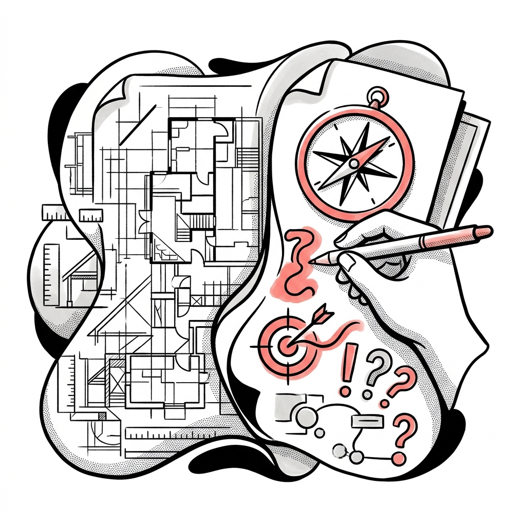 Sketch depicting a shift from detailed technical blueprints to a strategic design brief, emphasizing intent and outcomes.