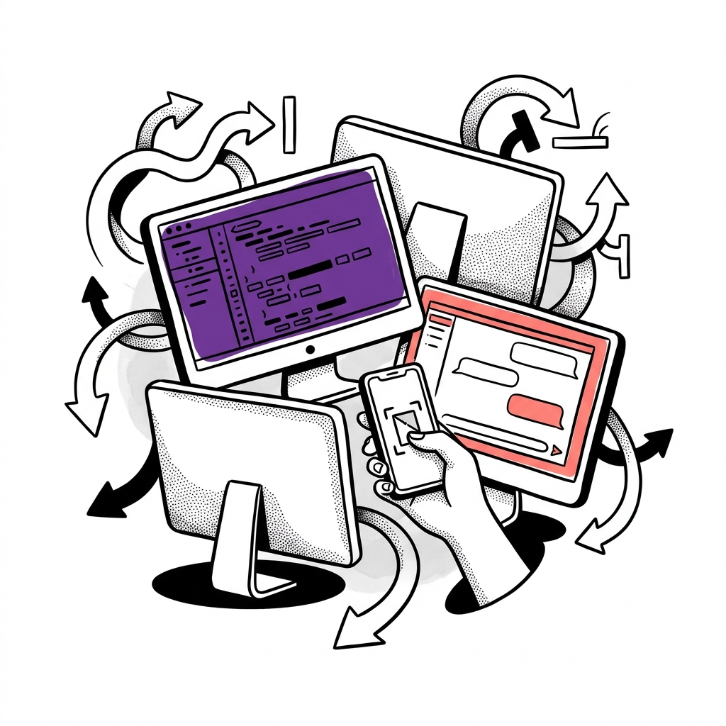 Illustration depicting a cluttered desk with disconnected screens, symbolizing the communication challenges in private AI coding sessions.