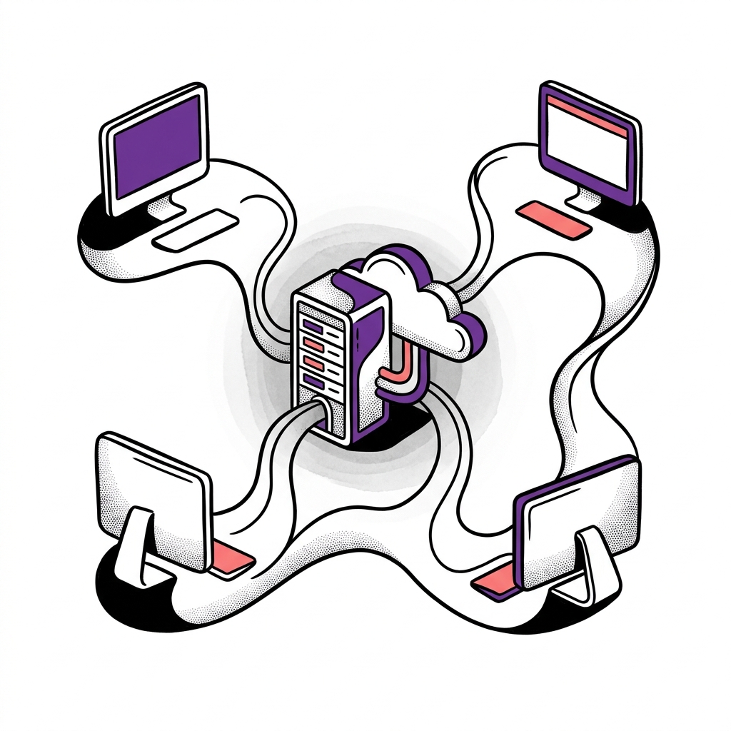 Illustration showing a central hub connecting multiple computer screens, representing a unified, shared AI development workspace.