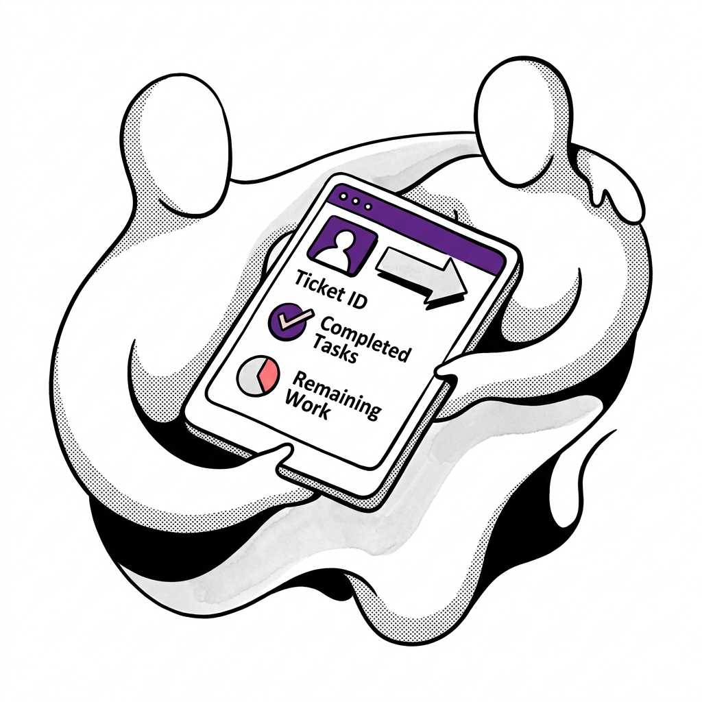 Illustration of a digital card with structured information, symbolizing the seamless and informed handoff of a development session.