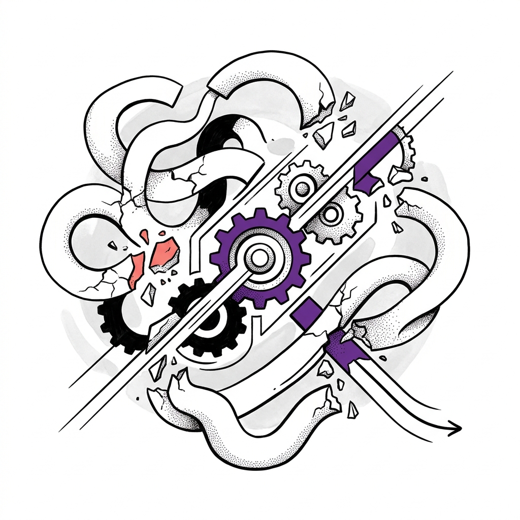 Abstract illustration of a complex, broken old process path being replaced by a simpler, more direct AI-driven pathway.