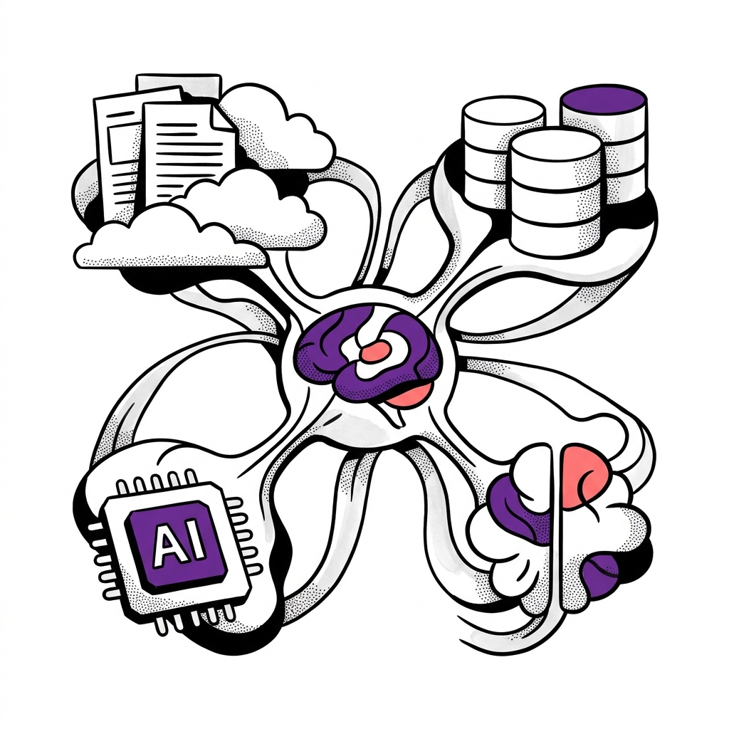 Diagram showing a central AI 'brain' connected to diverse data sources and various AI tools, representing a flexible operating harness.