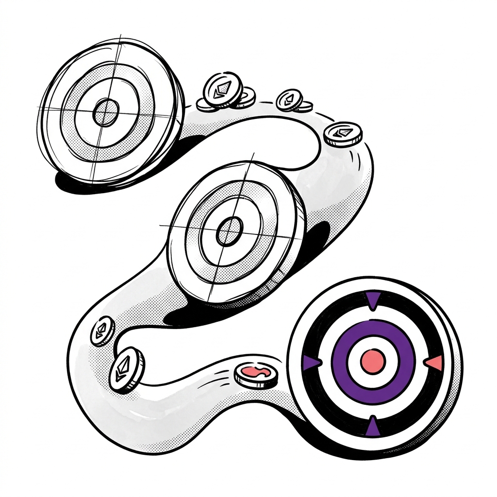 Illustration of an iterative optimization process, starting rough and refining towards a target, with symbols indicating cost efficiency.