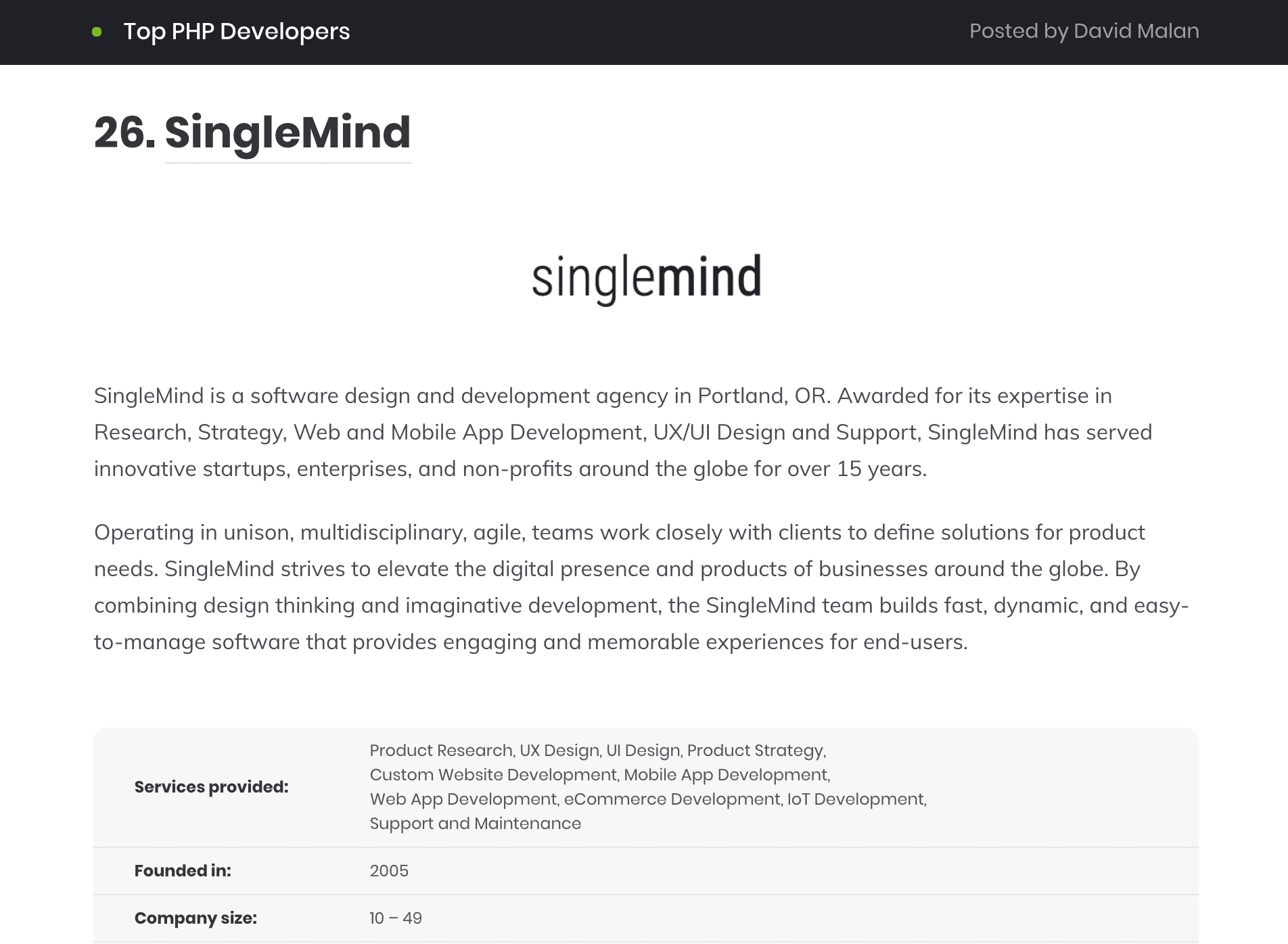 SingleMind Web Design and Development Profile on Techrevier.co as a Top PHP Developer