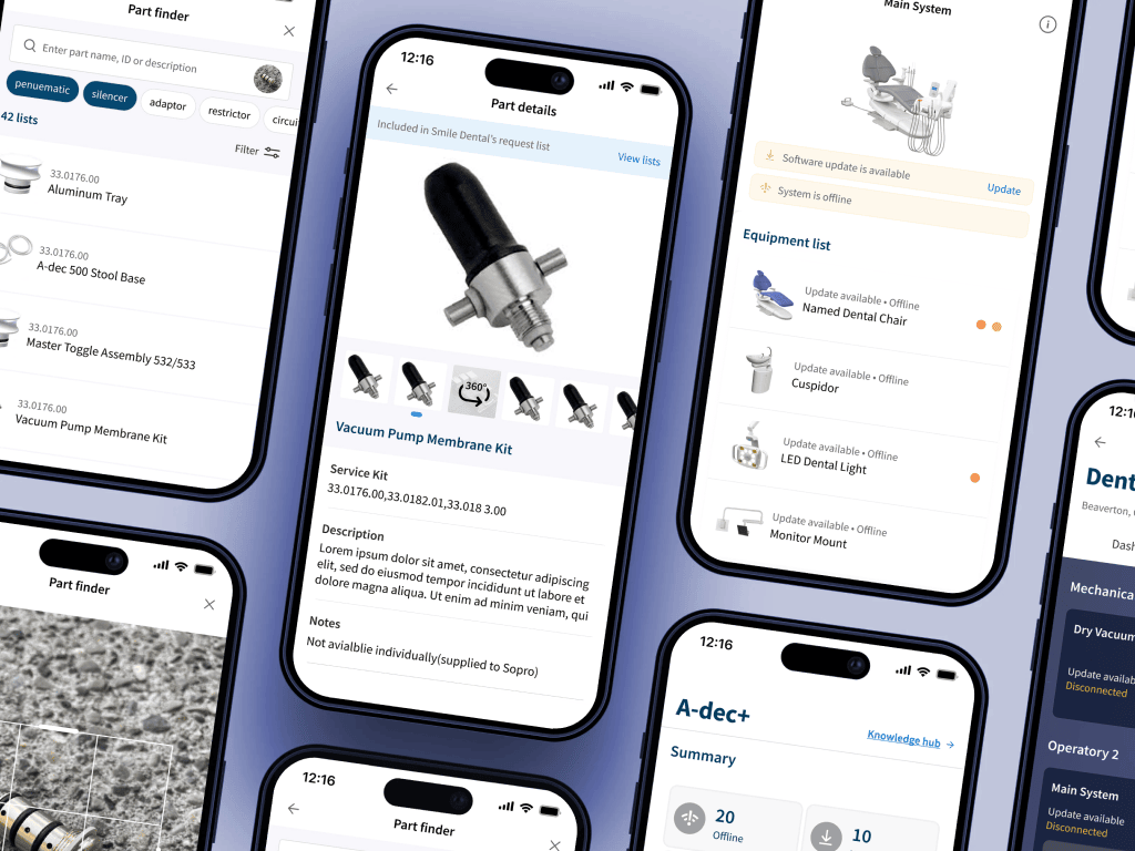 Collection of mobile app screens showing dental equipment parts identification system, featuring product images, specifications, and navigation elements across multiple iPhone interfaces.