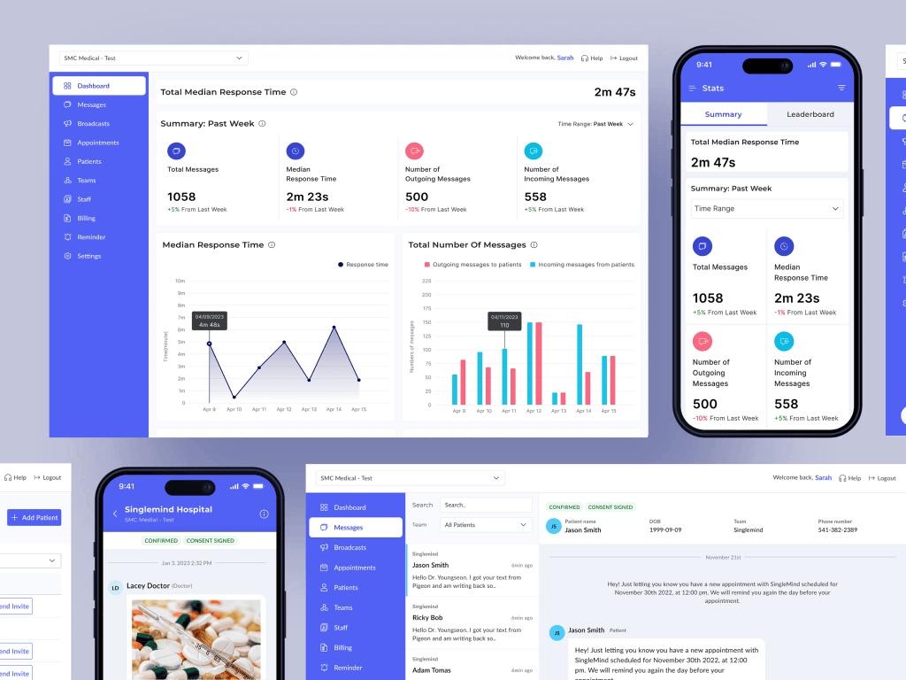 Multiple screenshots showing Pigeon Medical's platform interface, featuring analytics dashboards and mobile app views with data visualization charts and messaging interfaces.