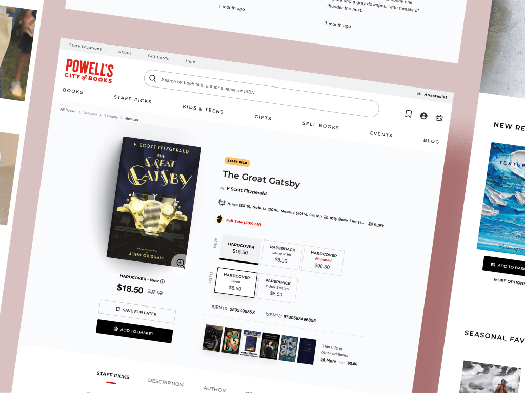 Screenshot of Powell's Books online store showing a product page for 'The Great Gatsby', displaying book details, pricing, and purchase options in a clean, modern interface.