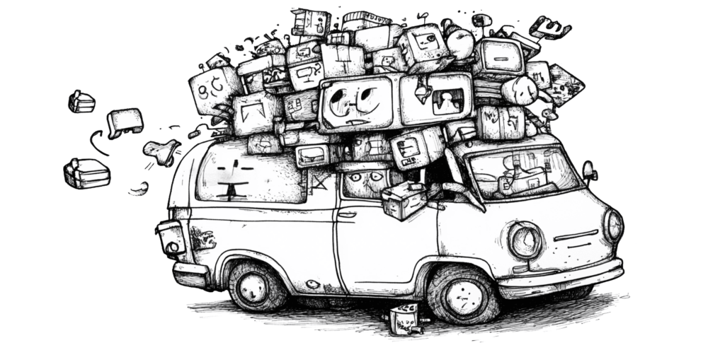 Cartoon-style drawing of an overloaded van with various boxes and objects stacked on top