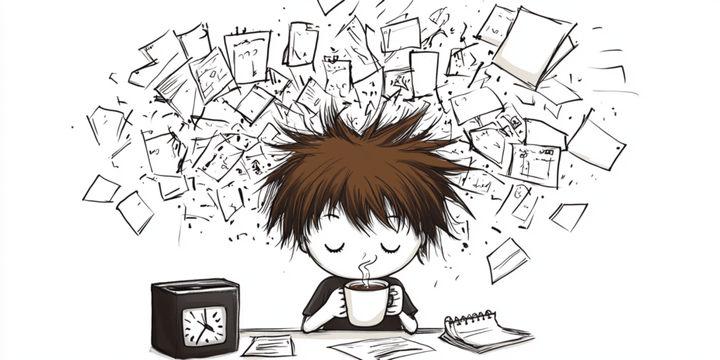 Cartoon person with messy hair drinking coffee, surrounded by flying papers