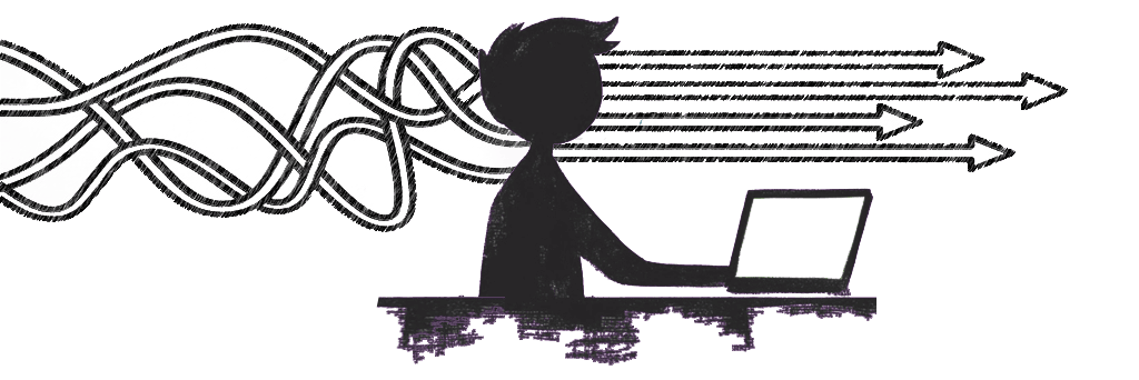 Silhouette of a person working on a laptop with tangled lines transforming into straight arrows