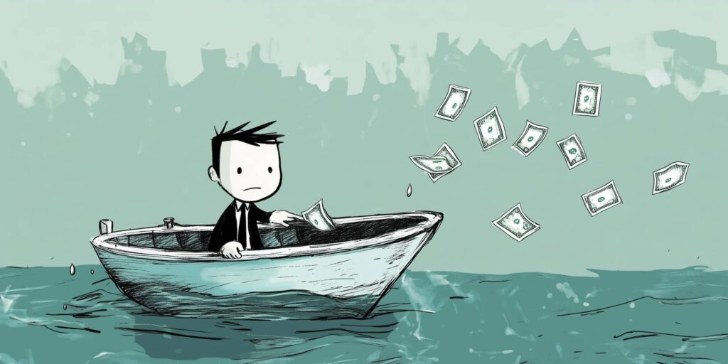 Person in a boat watching dollar bills float away into the water