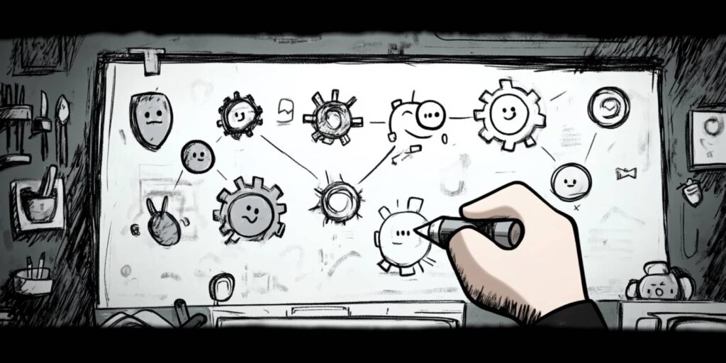 Hand drawing connections on a blueprint-style paper with gears and shields