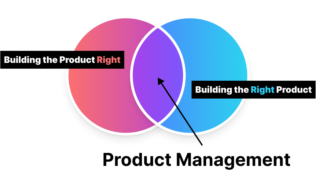 A Venn diagram showing two overlapping circles - one pink labeled 'Building the Product Right' and one blue labeled 'Building the Right Product'. The purple intersection is labeled 'Product Management' with an arrow pointing to it.